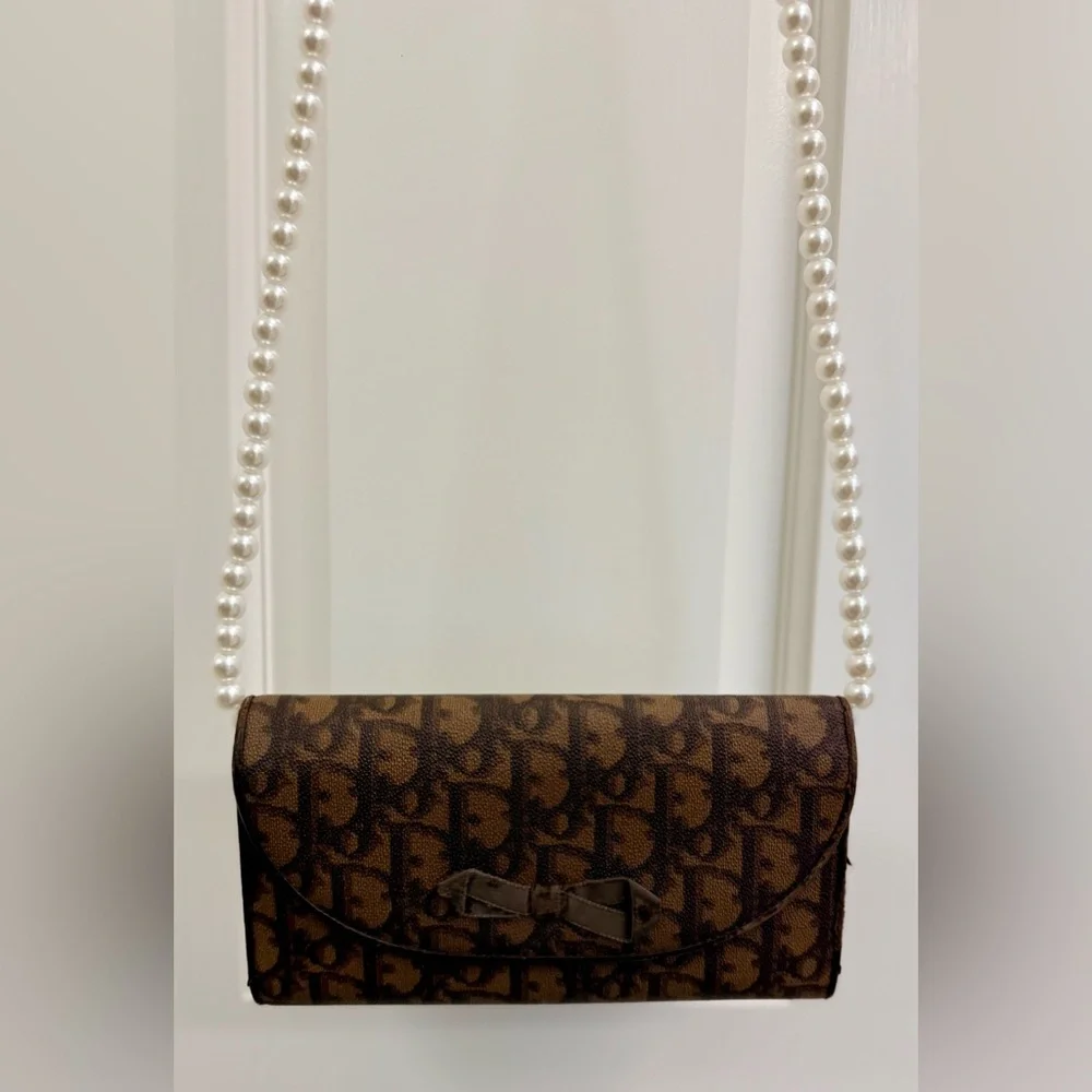 DIOR Vintage Y2K Romantique Brown Diorissimo Ribbon Canvas Leather W/ Crossbody